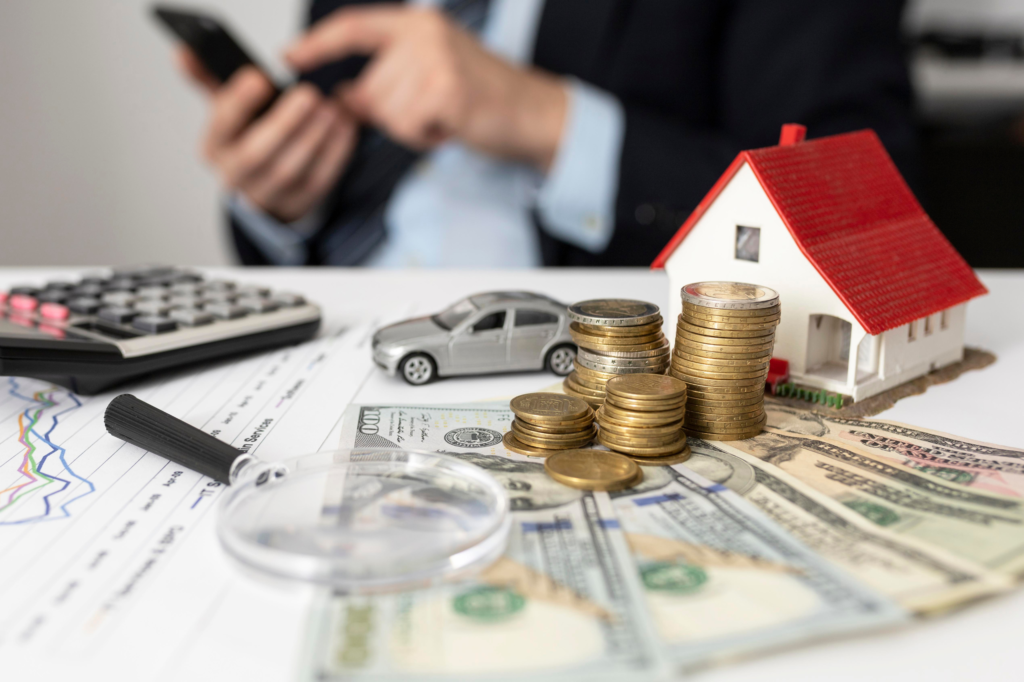 Inversor analizando opciones de flipping inmobiliario con una calculadora, dinero en efectivo y una maqueta de casa en la mesa.