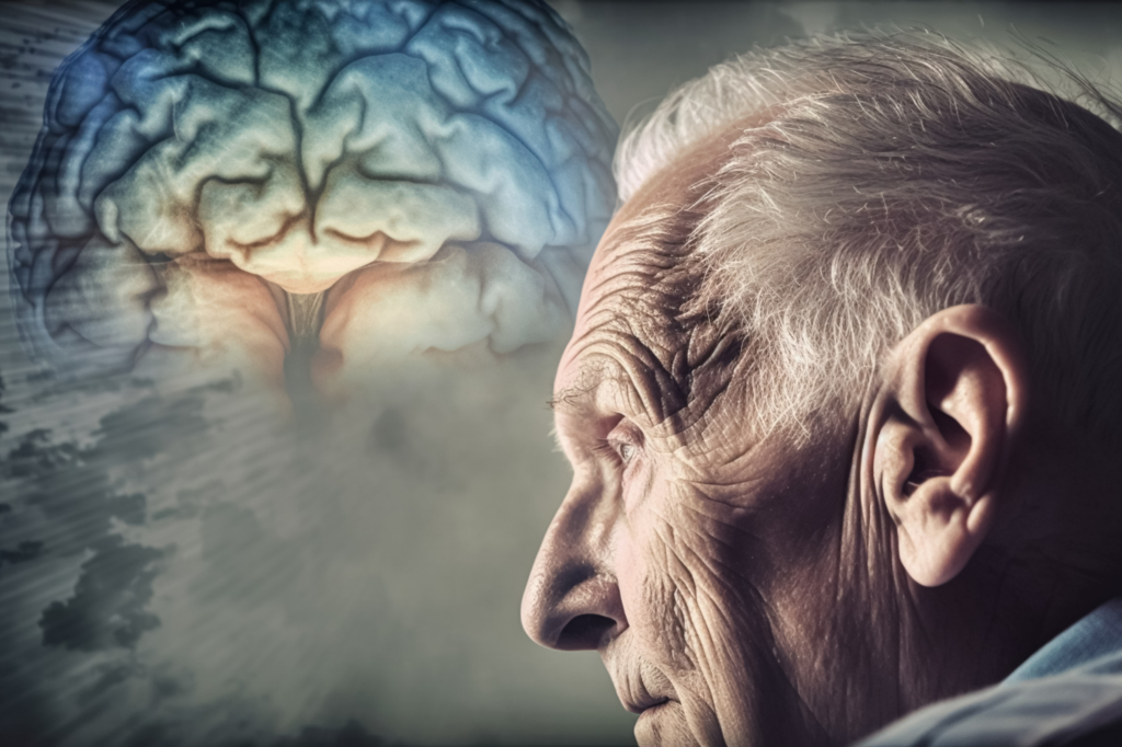 Hombre mayor observando una representación visual del cerebro, relacionada con el riesgo de demencia.