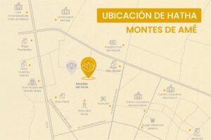 Mapa de ubicación de Hatha en Montes de Amé, Mérida, mostrando cercanía con la Universidad Marista, UVM, Plaza City Center y Plaza Galerías.